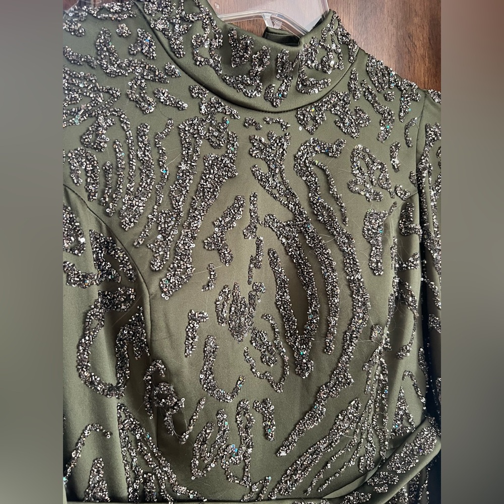 Olive Green Beaded Formal Gown - Picture 2 of 8
